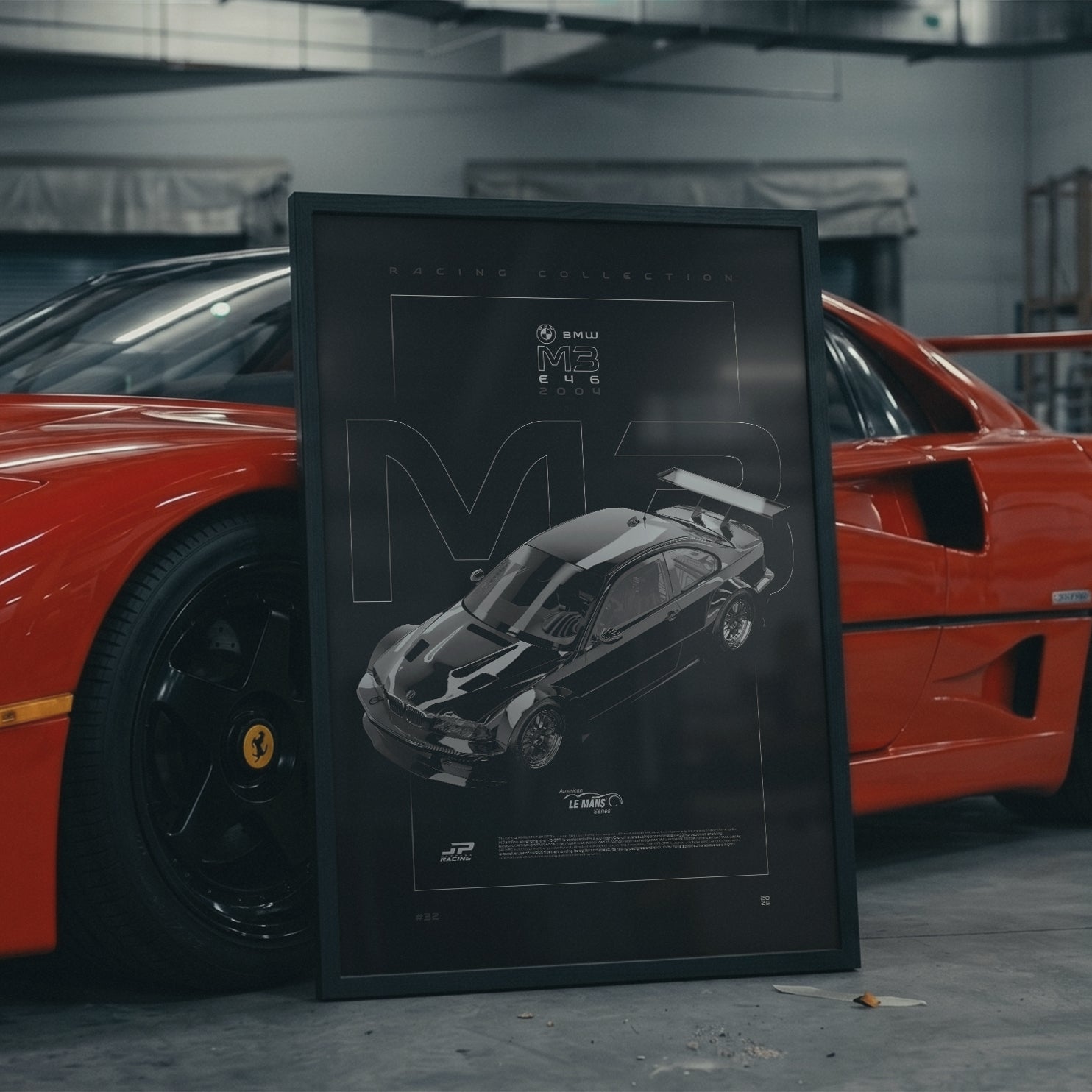 BMW M3 E46 GTR 2004 framed poster in an industrial warehouse space