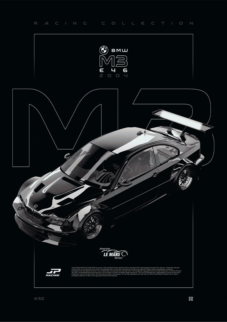 BMW M3 E46 GTR 2004 digital poster, minimalist black racing wall art by Jaypads Racing