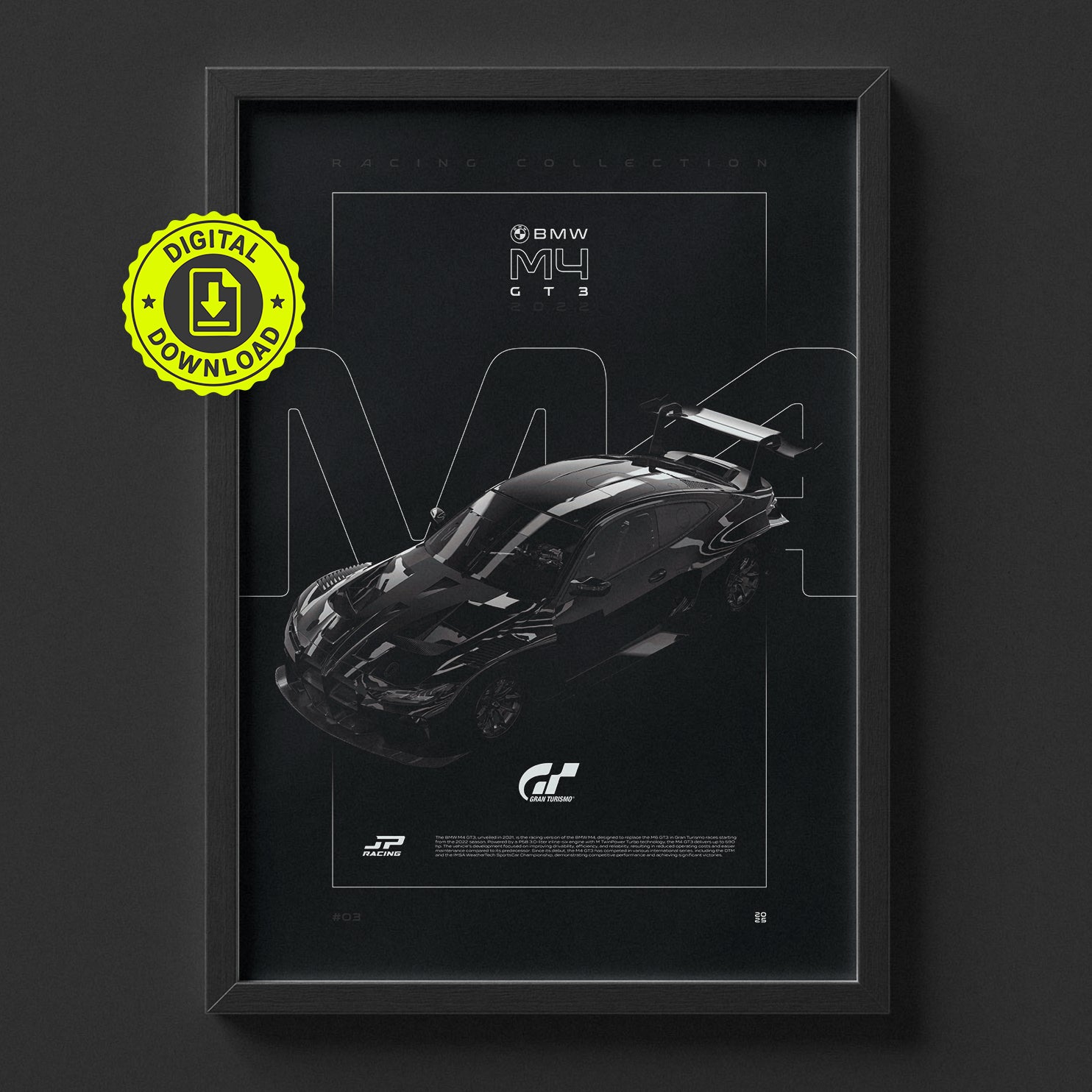 BMW M4 GT3 2022 poster framed on a wall, digital download