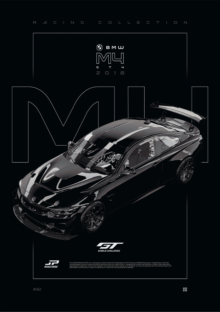 BMW M4 GT4 2018 digital poster, minimalist black racing wall art by Jaypads Racing