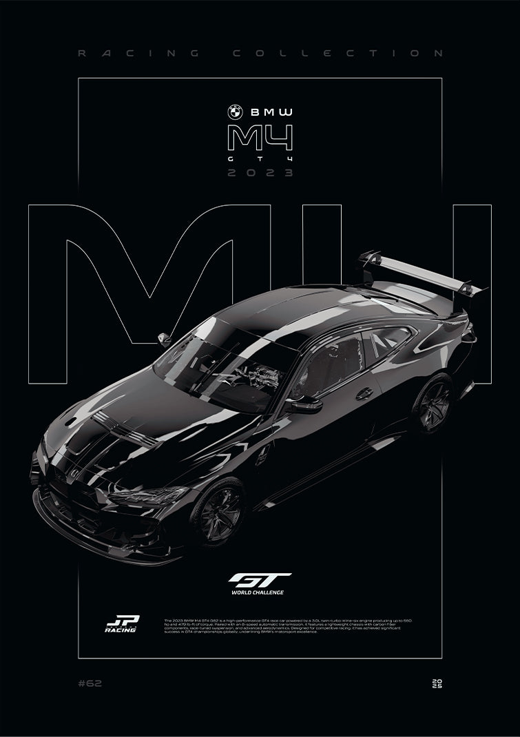 BMW M4 GT4 G82 2023 digital poster, minimalist black racing wall art by Jaypads Racing
