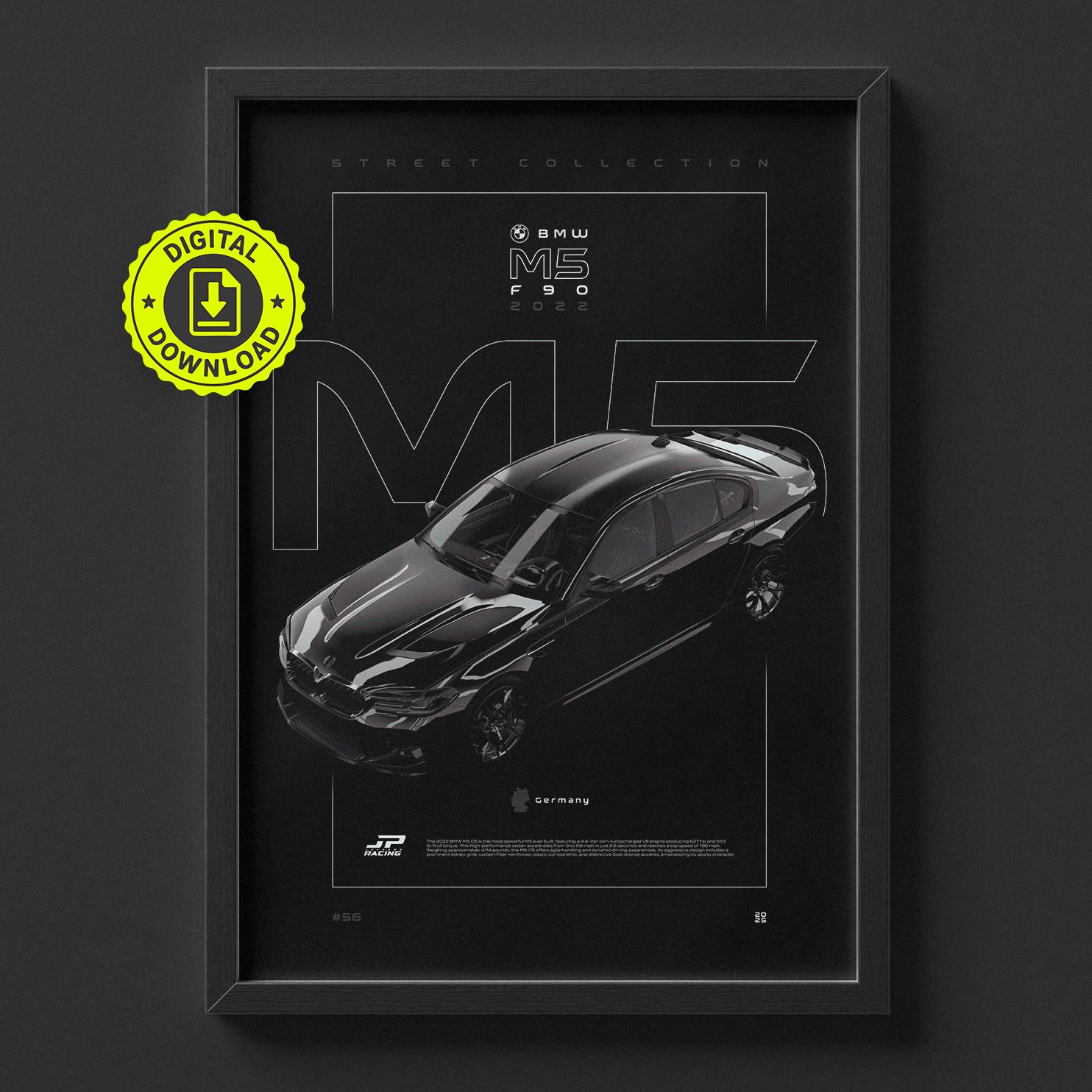 BMW M5 CS F90 2022 poster framed on a wall, digital download