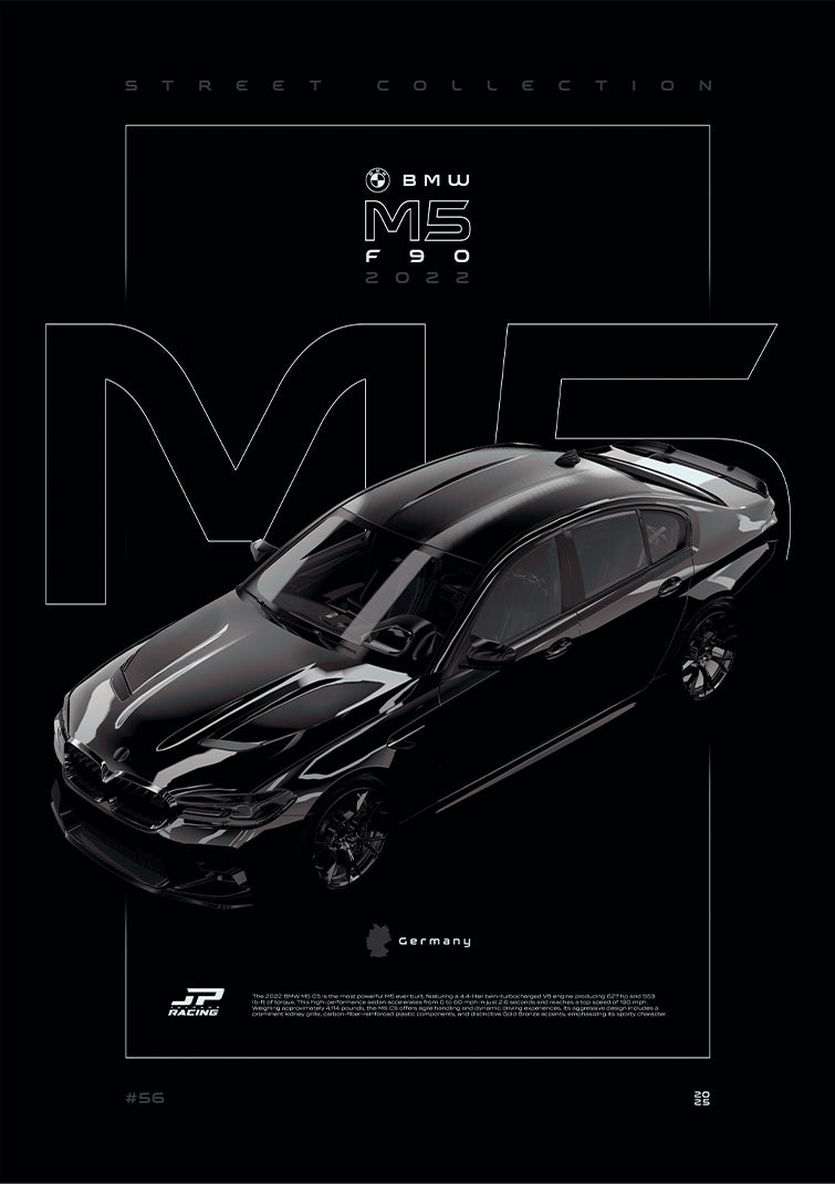 BMW M5 CS F90 2022 digital poster, minimalist black racing wall art by Jaypads Racing