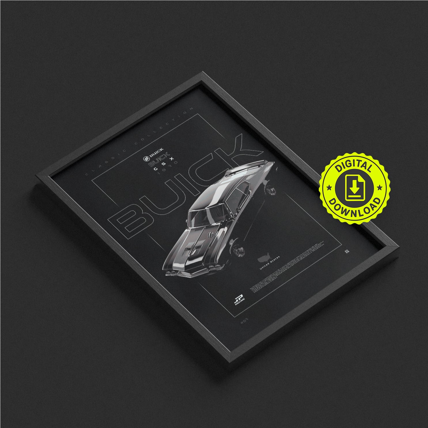 Buick GSX 1970 framed poster print in a styled interior