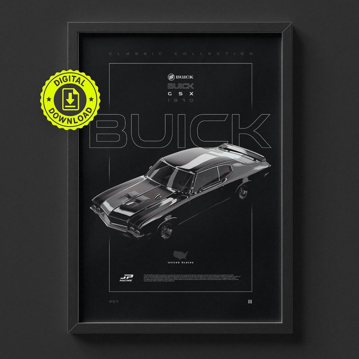 Buick GSX 1970 poster framed on a wall, digital download