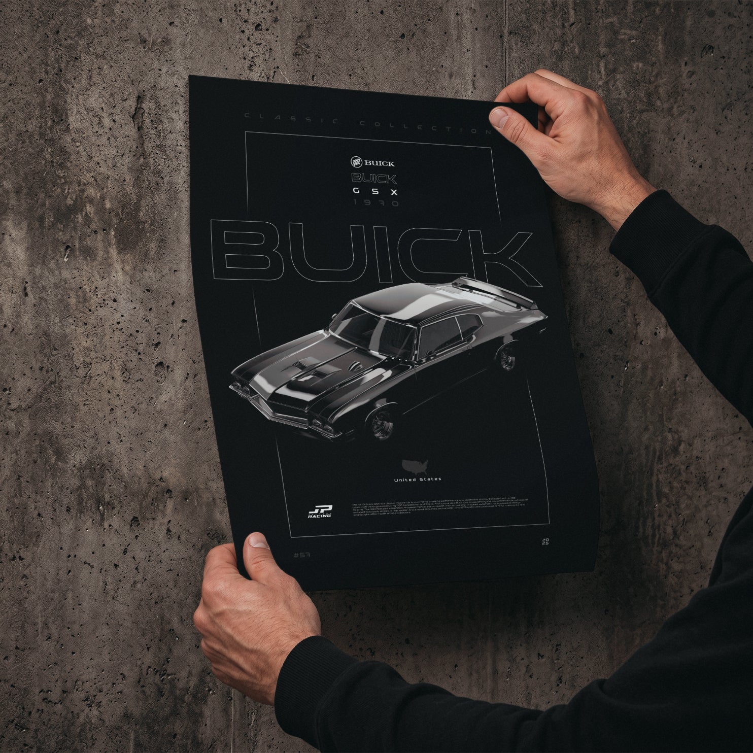 Buick GSX 1970 poster print held in hands against a concrete wall