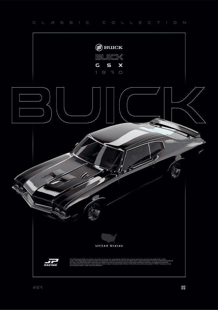 Buick GSX 1970 digital poster, minimalist black racing wall art by Jaypads Racing