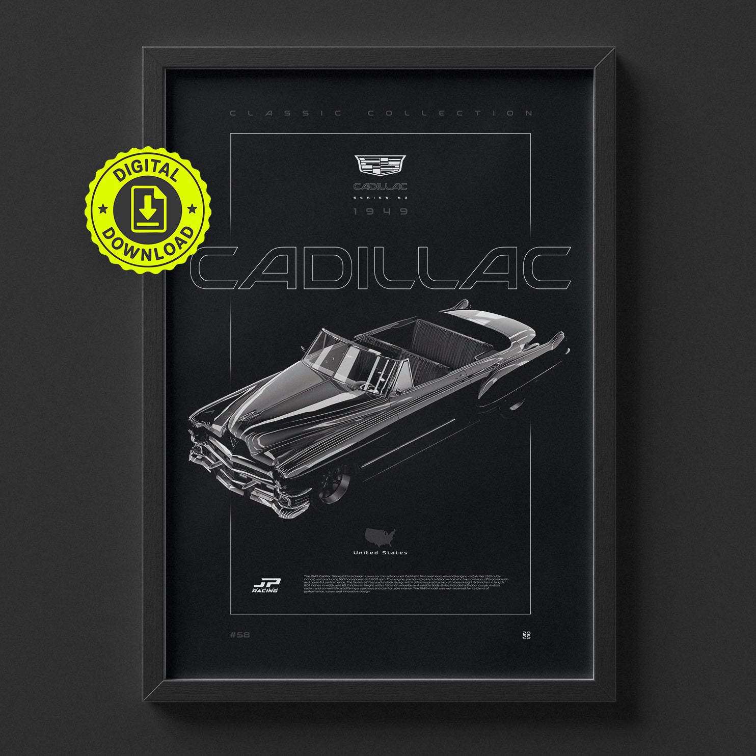 Cadillac Series 62 1949 poster framed on a wall, digital download