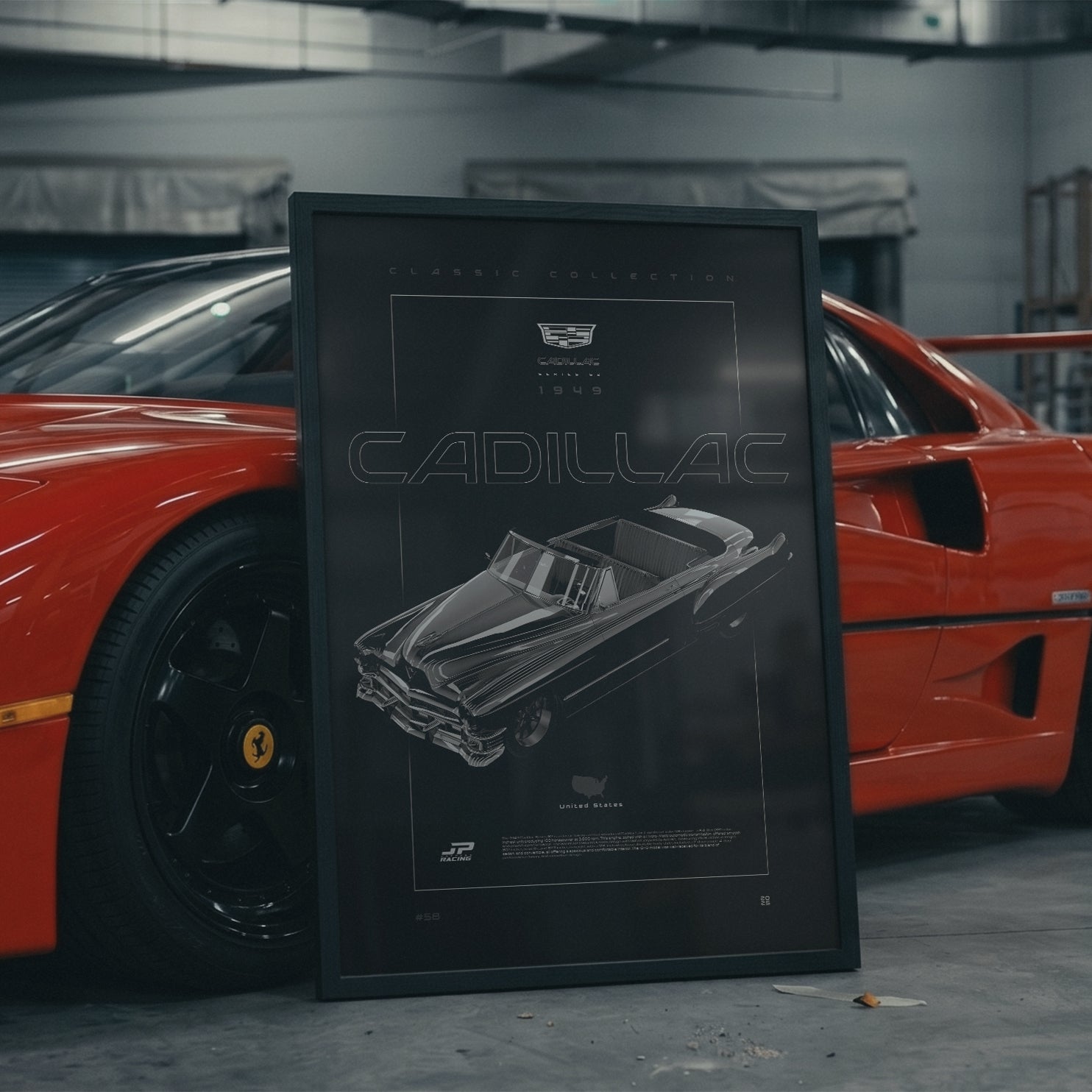 Cadillac Series 62 1949 framed poster in an industrial warehouse space
