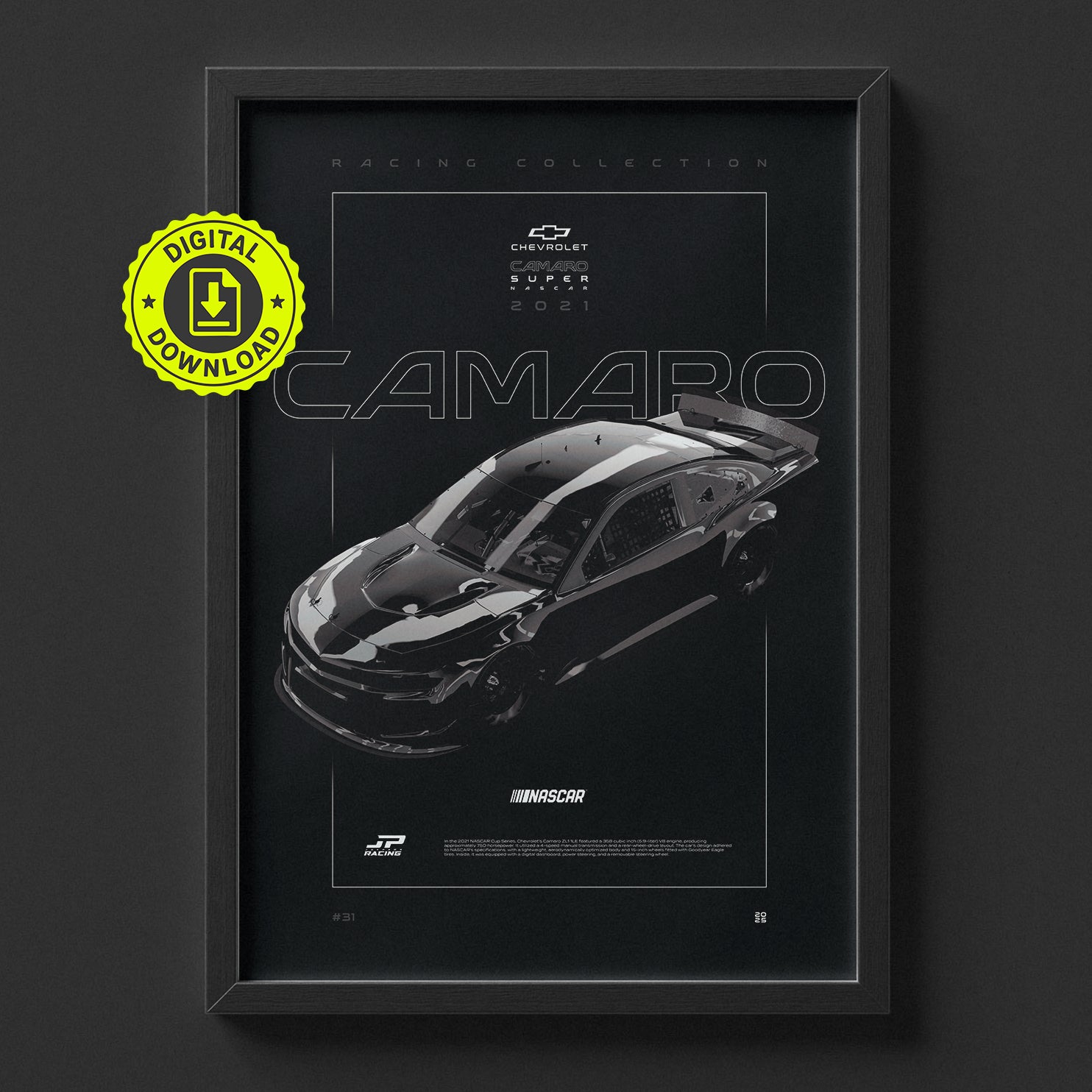 Chevrolet Camaro Nascar 2021 poster framed on a wall, digital download
