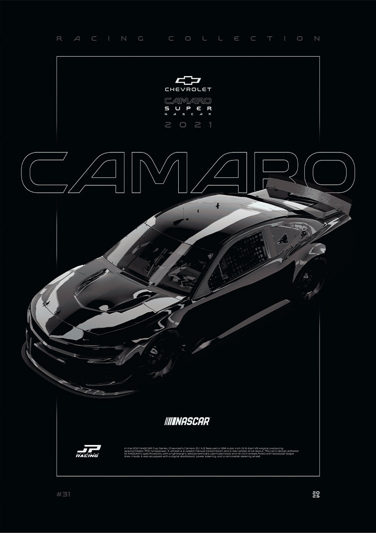 Chevrolet Camaro Nascar 2021 digital poster, minimalist black racing wall art by Jaypads Racing