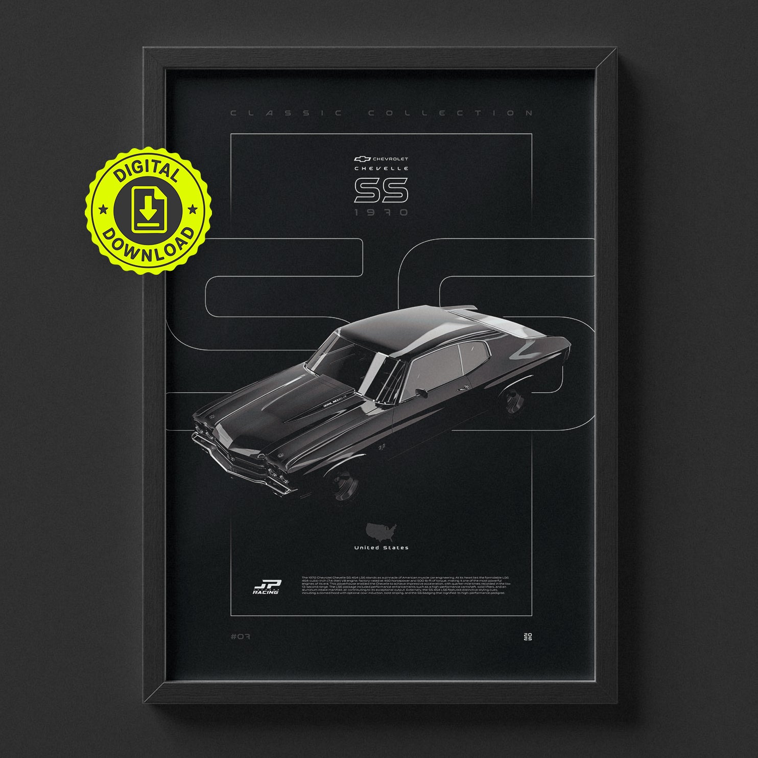Chevrolet Chevelle SS 1970 poster framed on a wall, digital download