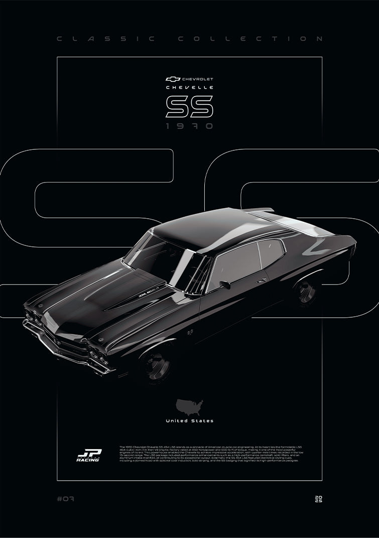 Chevrolet Chevelle SS 1970 digital poster, minimalist black racing wall art by Jaypads Racing