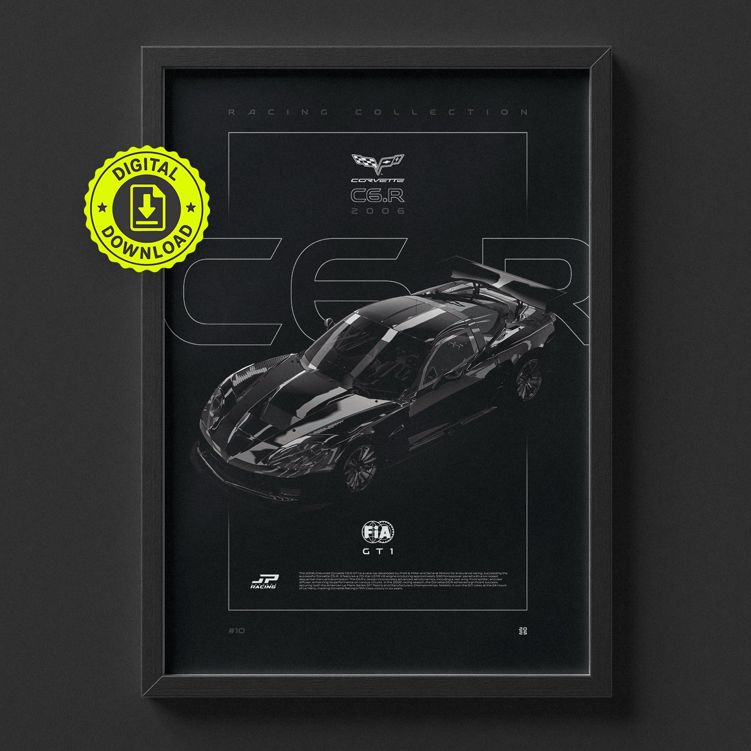 Chevrolet Corvette C6R GT1 2006 poster framed on a wall, digital download