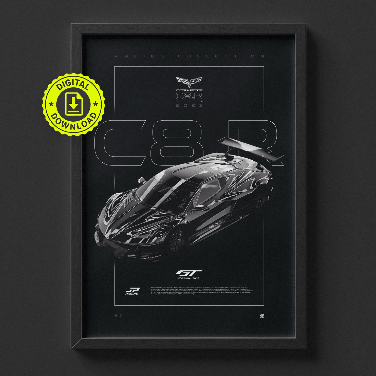 Chevrolet Corvette C8.R GT3 2023 poster framed on a wall, digital download