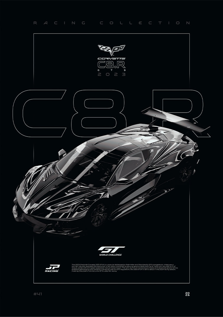 Chevrolet Corvette C8.R GT3 2023 digital poster, minimalist black racing wall art by Jaypads Racing