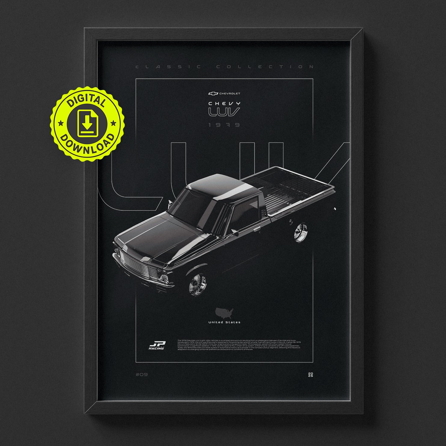 Chevrolet LUV 1979 poster framed on a wall, digital download