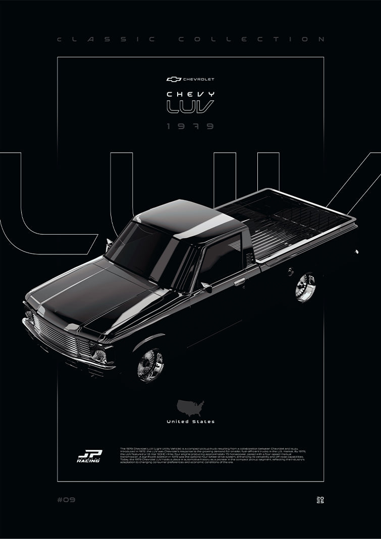 Chevrolet LUV 1979 digital poster, minimalist black racing wall art by Jaypads Racing