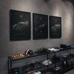 F1 Ferrari SF-24 2024 framed poster in a garage interior