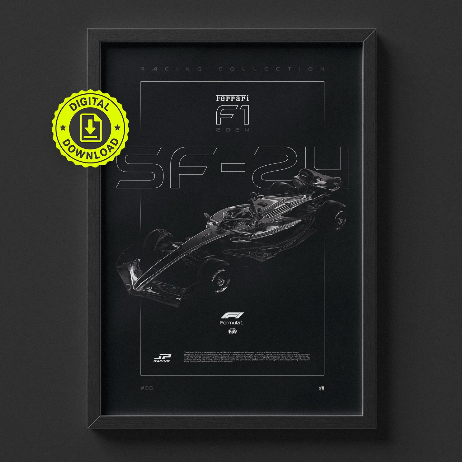 F1 Ferrari SF-24 2024 poster framed on a wall, digital download