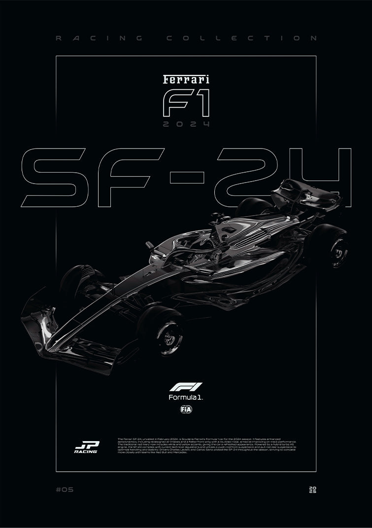 F1 Ferrari SF-24 2024 digital poster, minimalist black racing wall art by Jaypads Racing