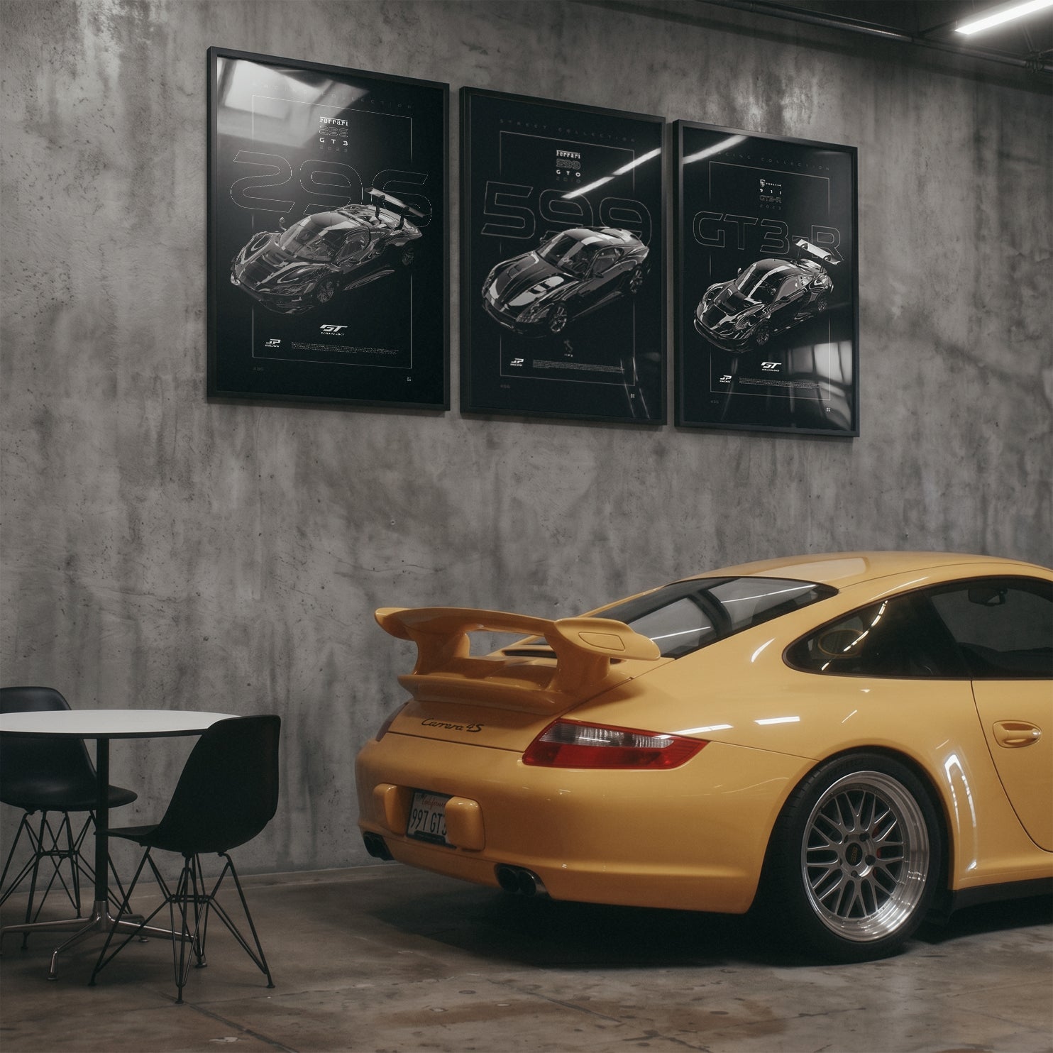Ferrari 296 GT3 2023 framed poster displayed in a garage