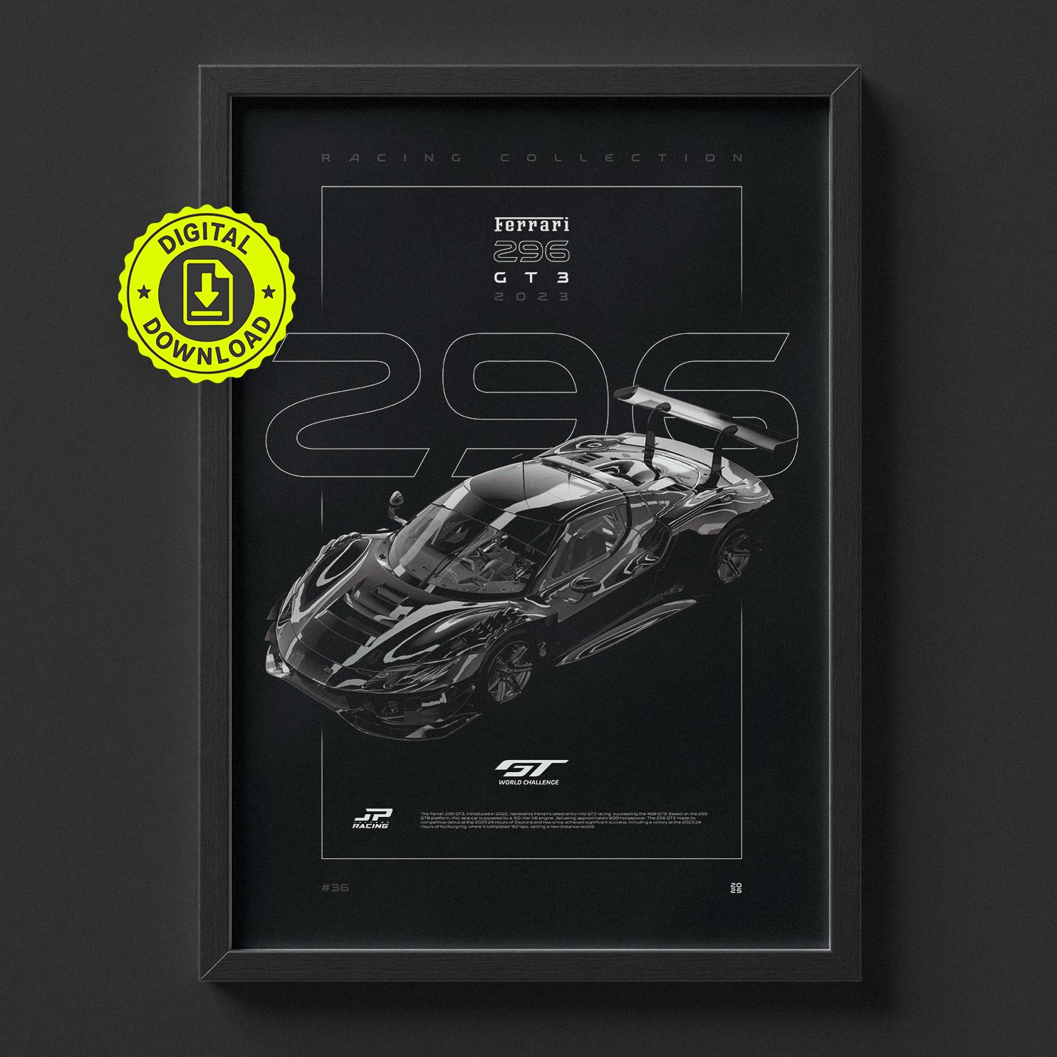 Ferrari 296 GT3 2023 poster framed on a wall, digital download