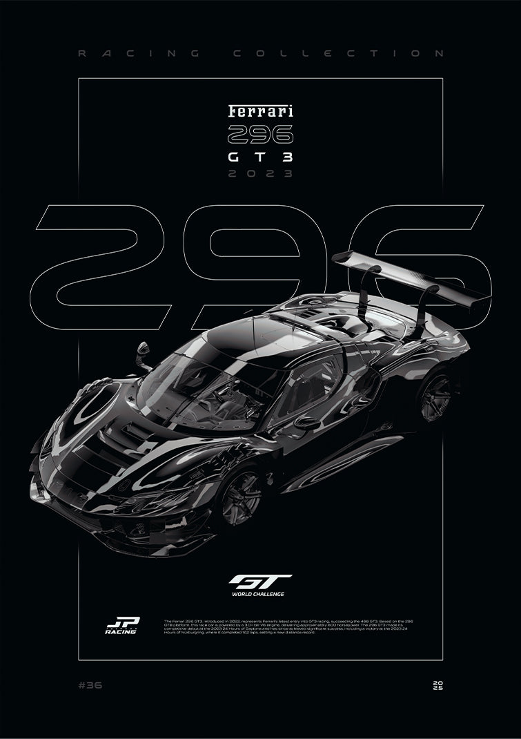 Ferrari 296 GT3 2023 digital poster, minimalist black racing wall art by Jaypads Racing