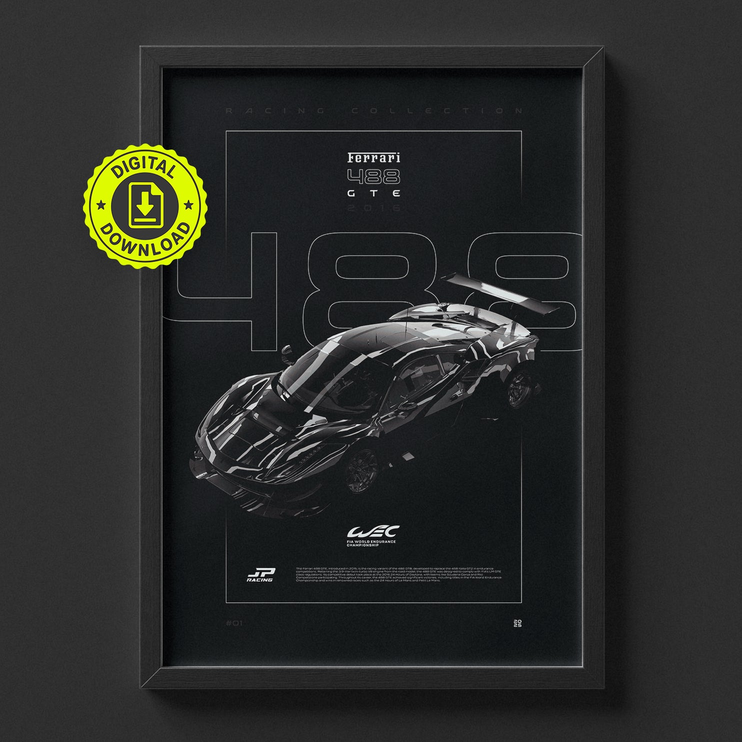 Ferrari 488 GTE 2016 poster framed on a wall, digital download