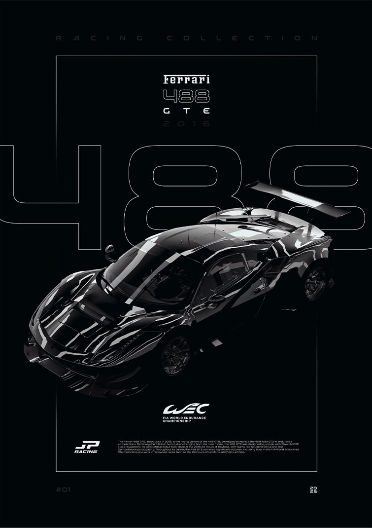 Ferrari 488 GTE 2016 digital poster, minimalist black racing wall art by Jaypads Racing