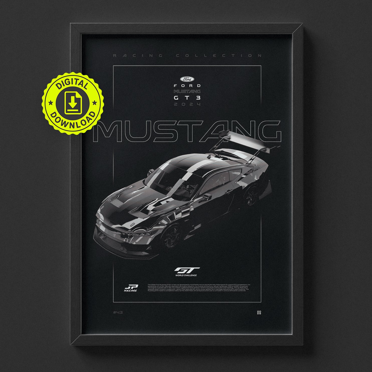 Ford Mustang GT3 2024 poster framed on a wall, digital download