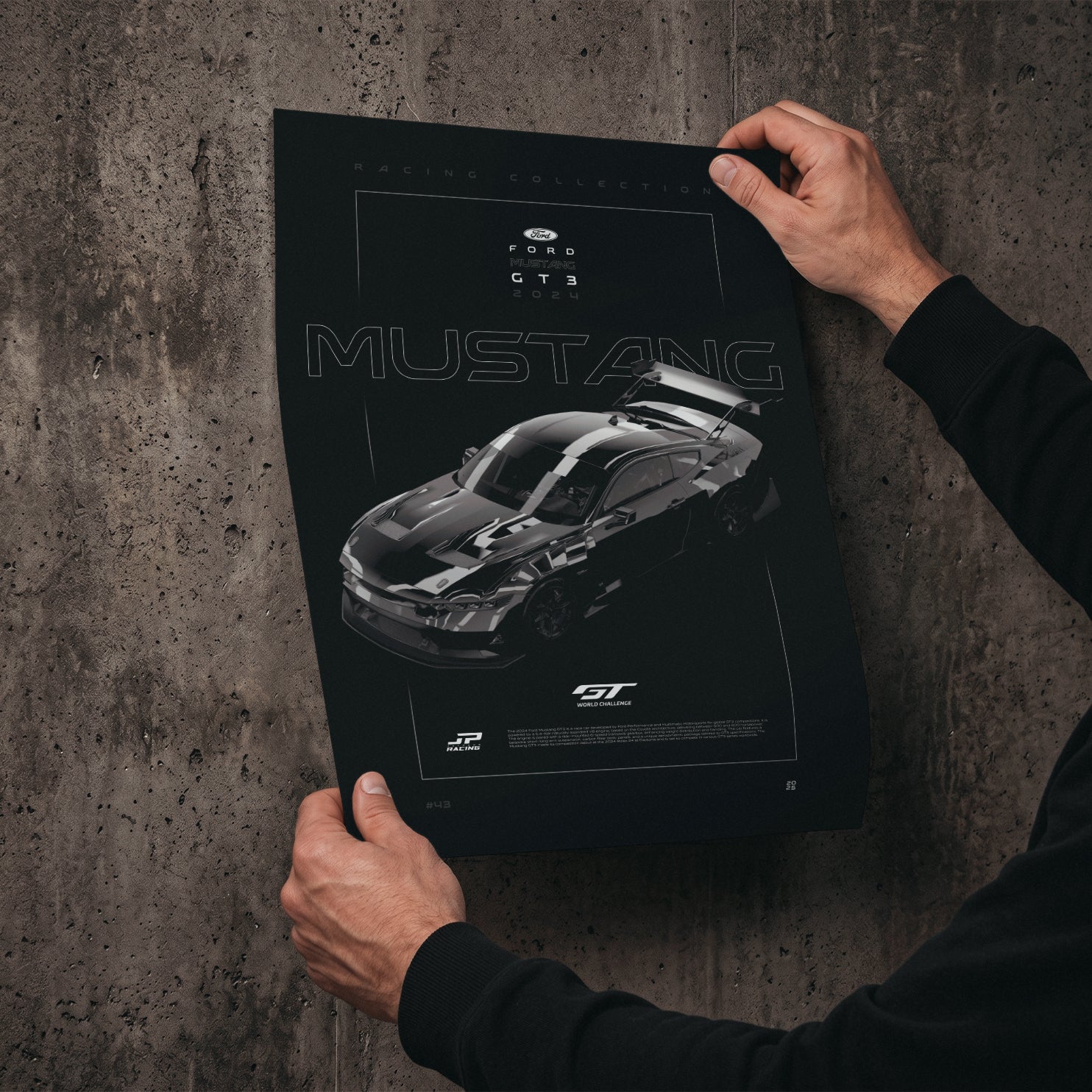 Ford Mustang GT3 2024 poster print held in hands against a concrete wall