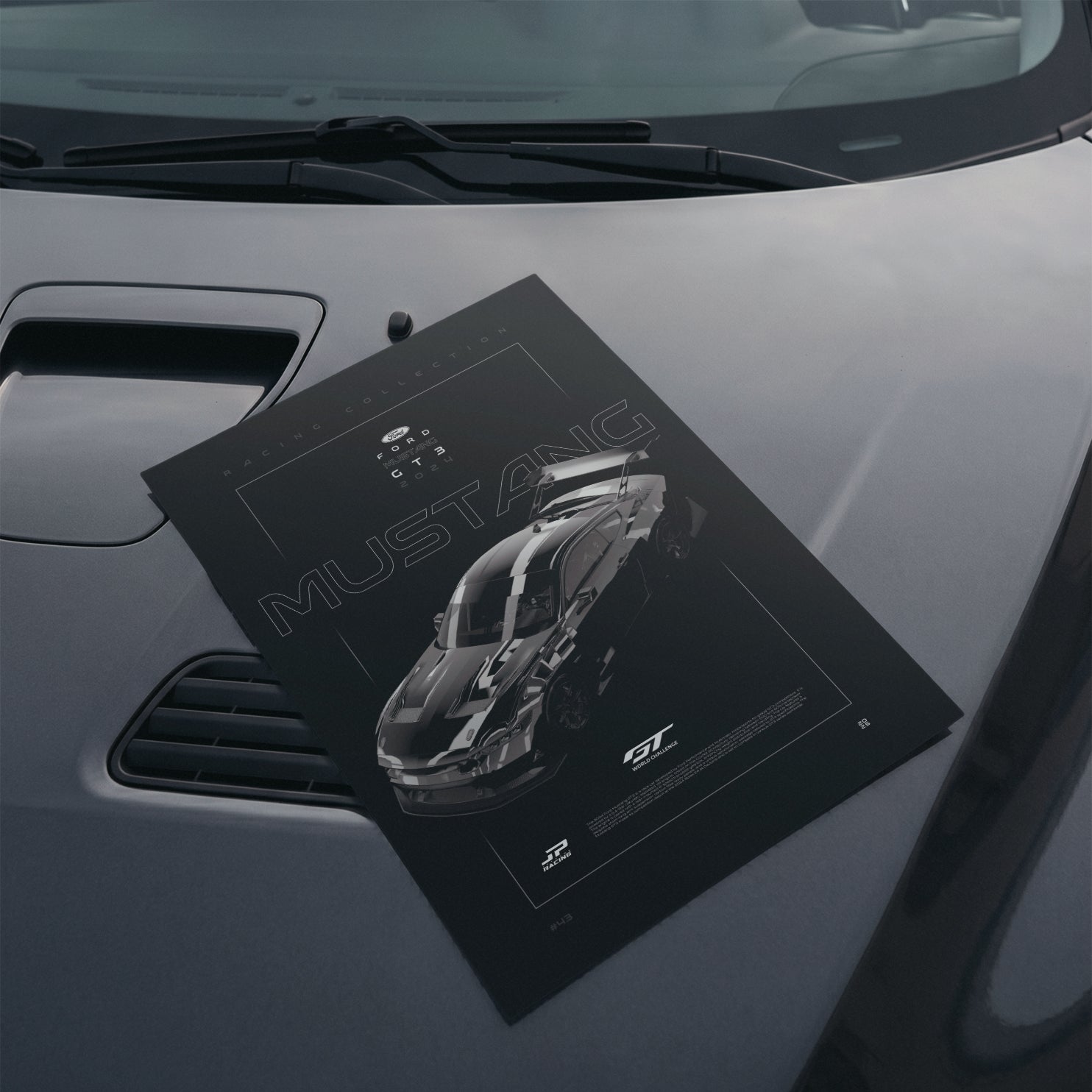 Ford Mustang GT3 2024 poster resting on a car hood
