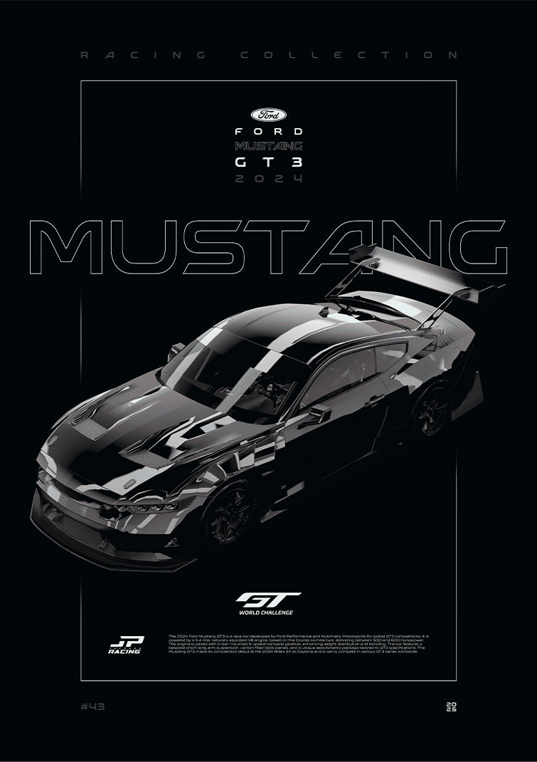 Ford Mustang GT3 2024 digital poster, minimalist black racing wall art by Jaypads Racing