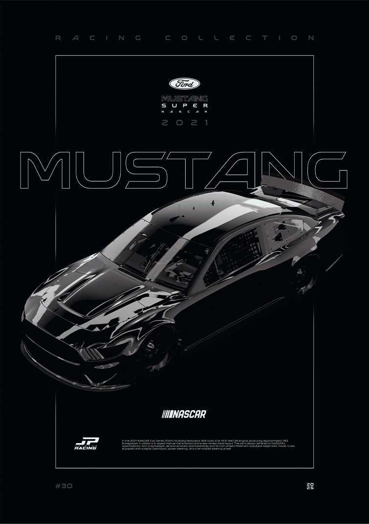 Ford Mustang Nascar 2021 digital poster, minimalist black racing wall art by Jaypads Racing