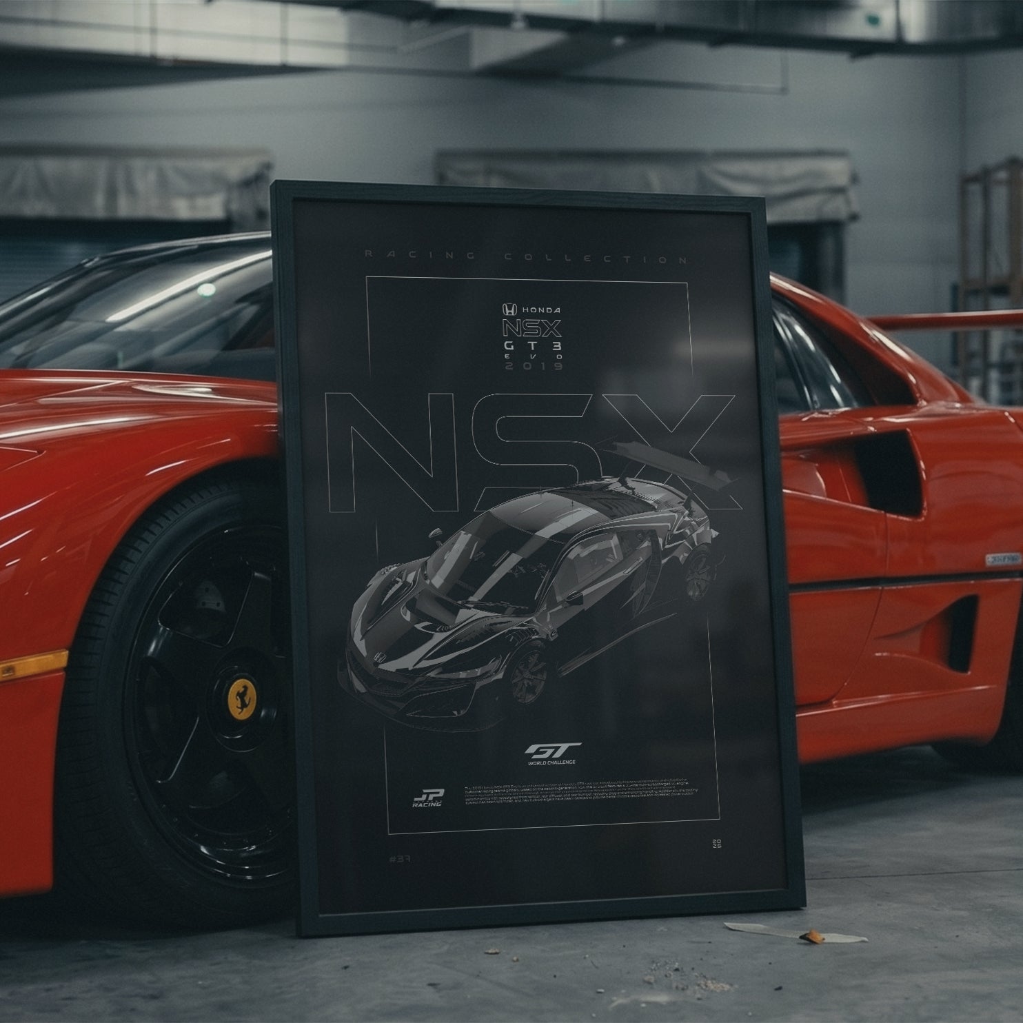 Honda NSX GT3 Evo 2019 framed poster in an industrial warehouse space