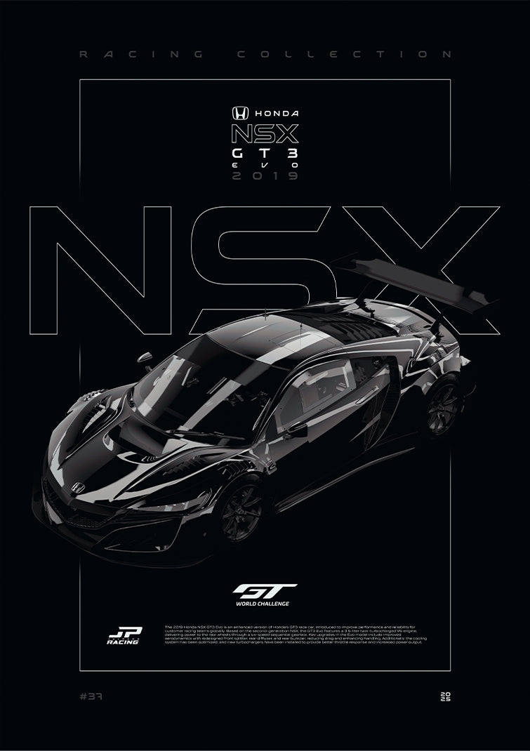 Honda NSX GT3 Evo 2019 digital poster, minimalist black racing wall art by Jaypads Racing