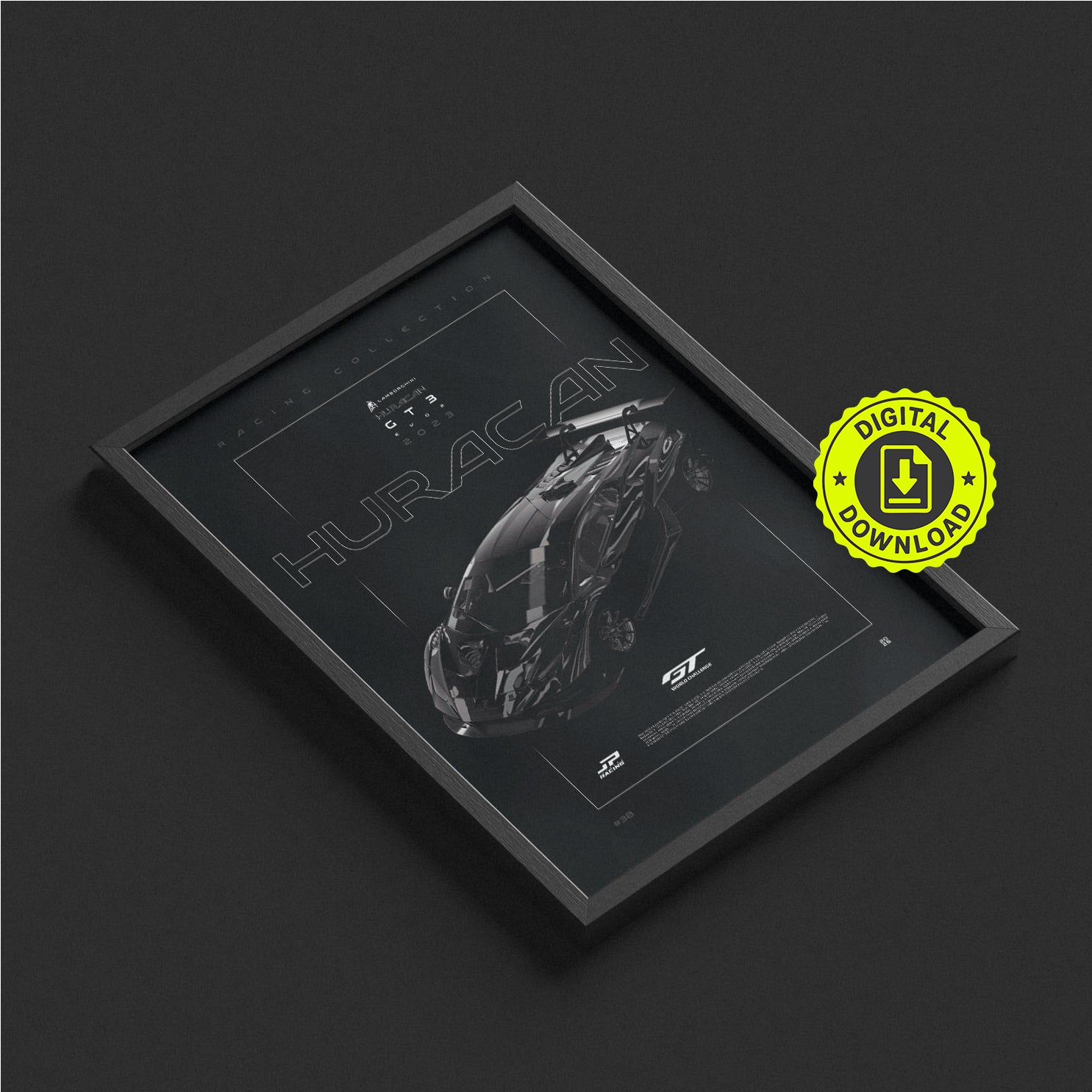 Lamborghini Huracan GT3 Evo2 2023 framed poster print in a styled interior