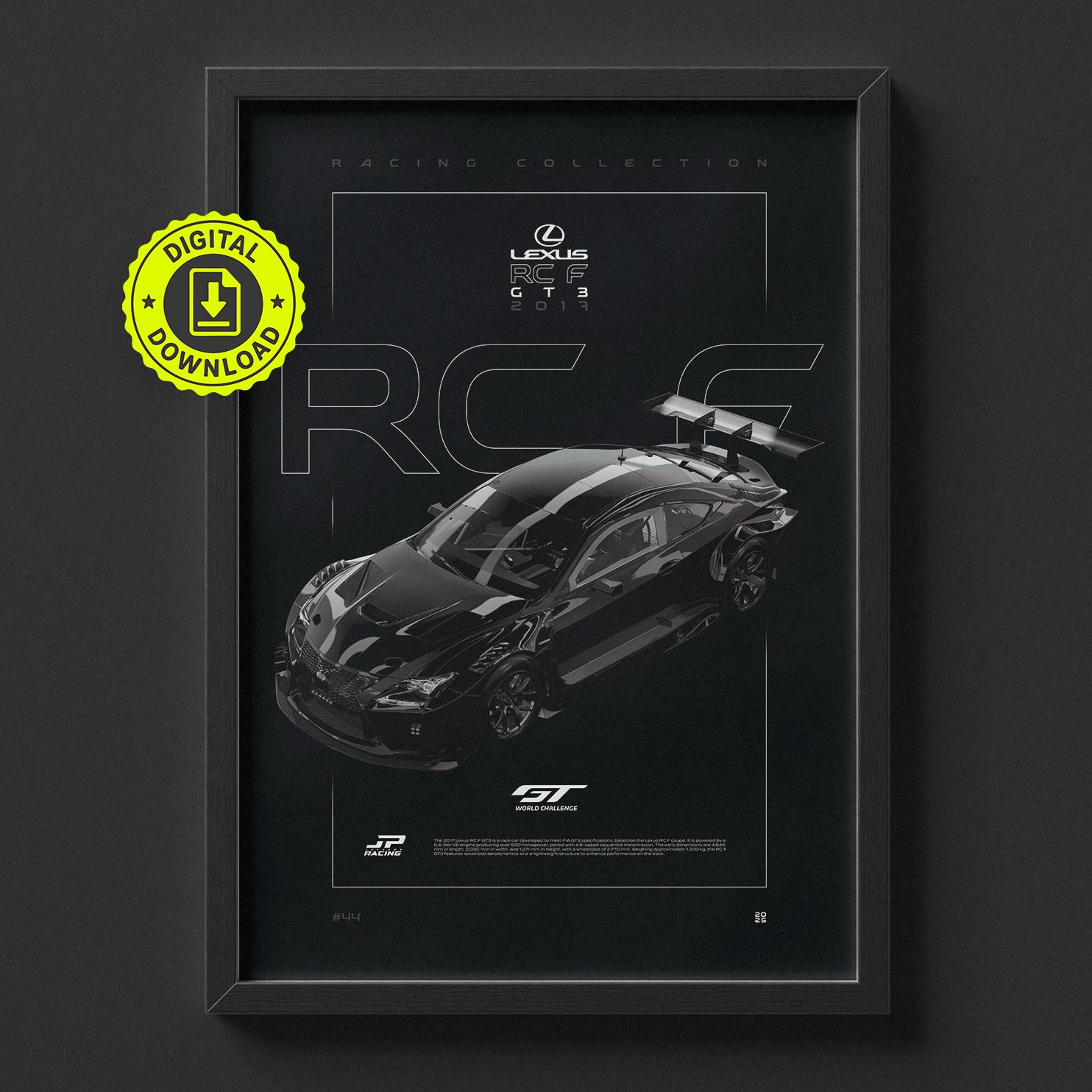 Lexus RC F GT3 2017 poster framed on a wall, digital download