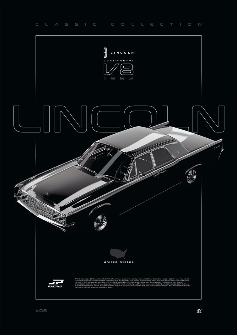 Lincoln Continental 1962 digital poster, minimalist black racing wall art by Jaypads Racing