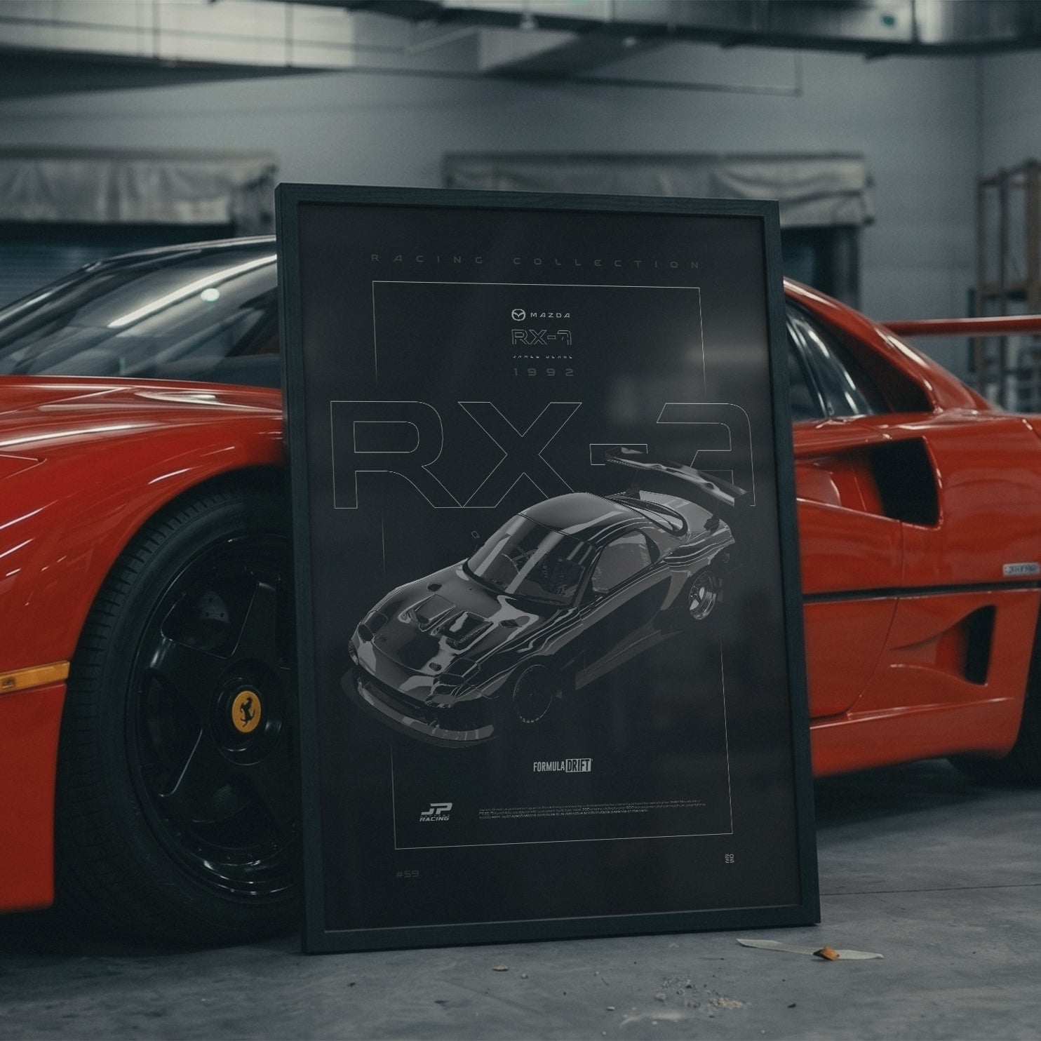 Mazda RX-7 FD 1992 framed poster in an industrial warehouse space