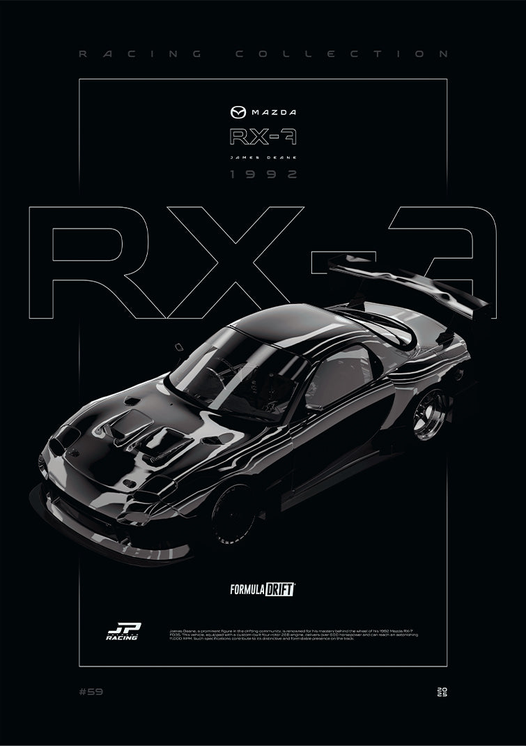 Mazda RX-7 FD 1992 digital poster, minimalist black racing wall art by Jaypads Racing