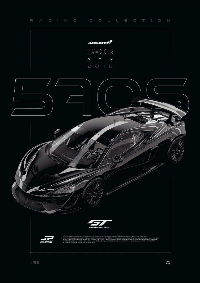 McLaren 570S GT4 2018 digital poster, minimalist black racing wall art by Jaypads Racing