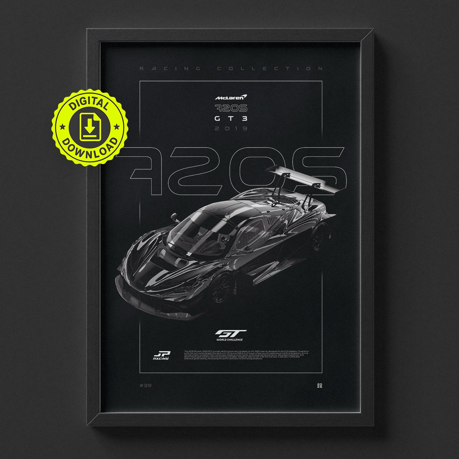 Mclaren 720S GT3 2019 poster framed on a wall, digital download