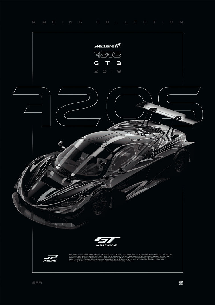 Mclaren 720S GT3 2019 digital poster, minimalist black racing wall art by Jaypads Racing