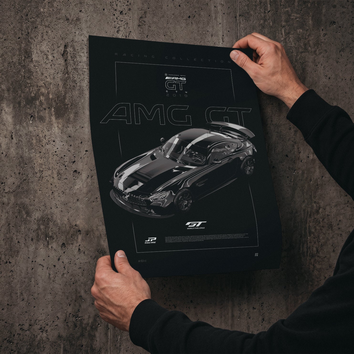 Mercedes AMG GT4 2019 poster print held in hands against a concrete wall