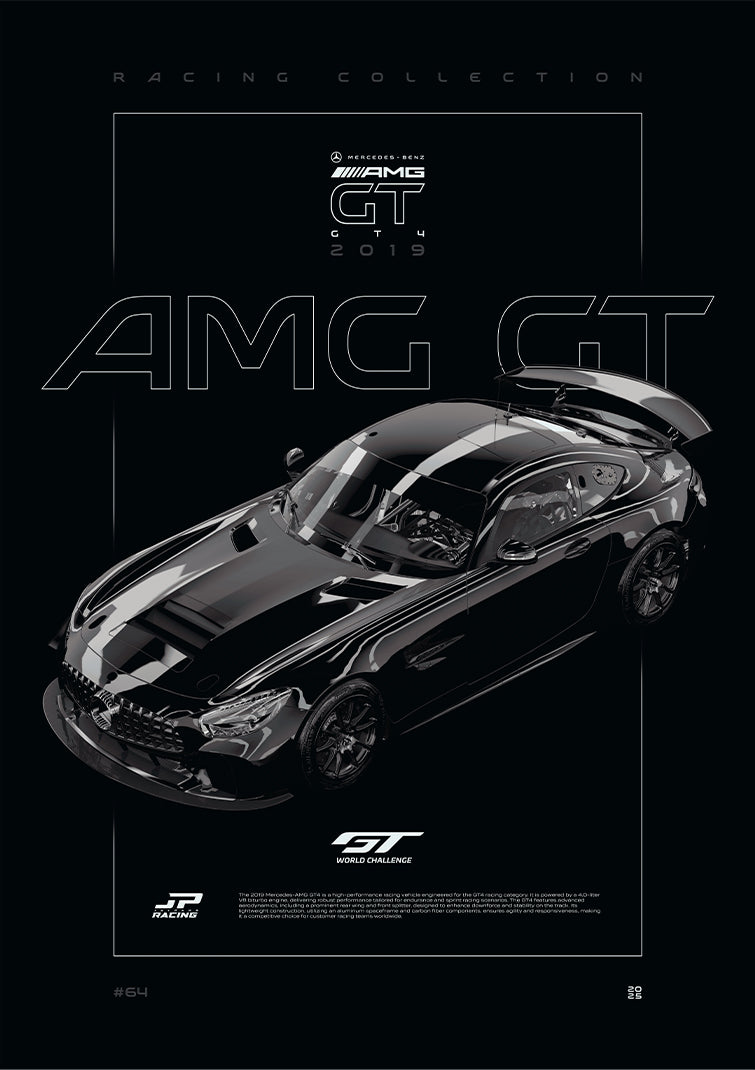 Mercedes AMG GT4 2019 digital poster, minimalist black racing wall art by Jaypads Racing