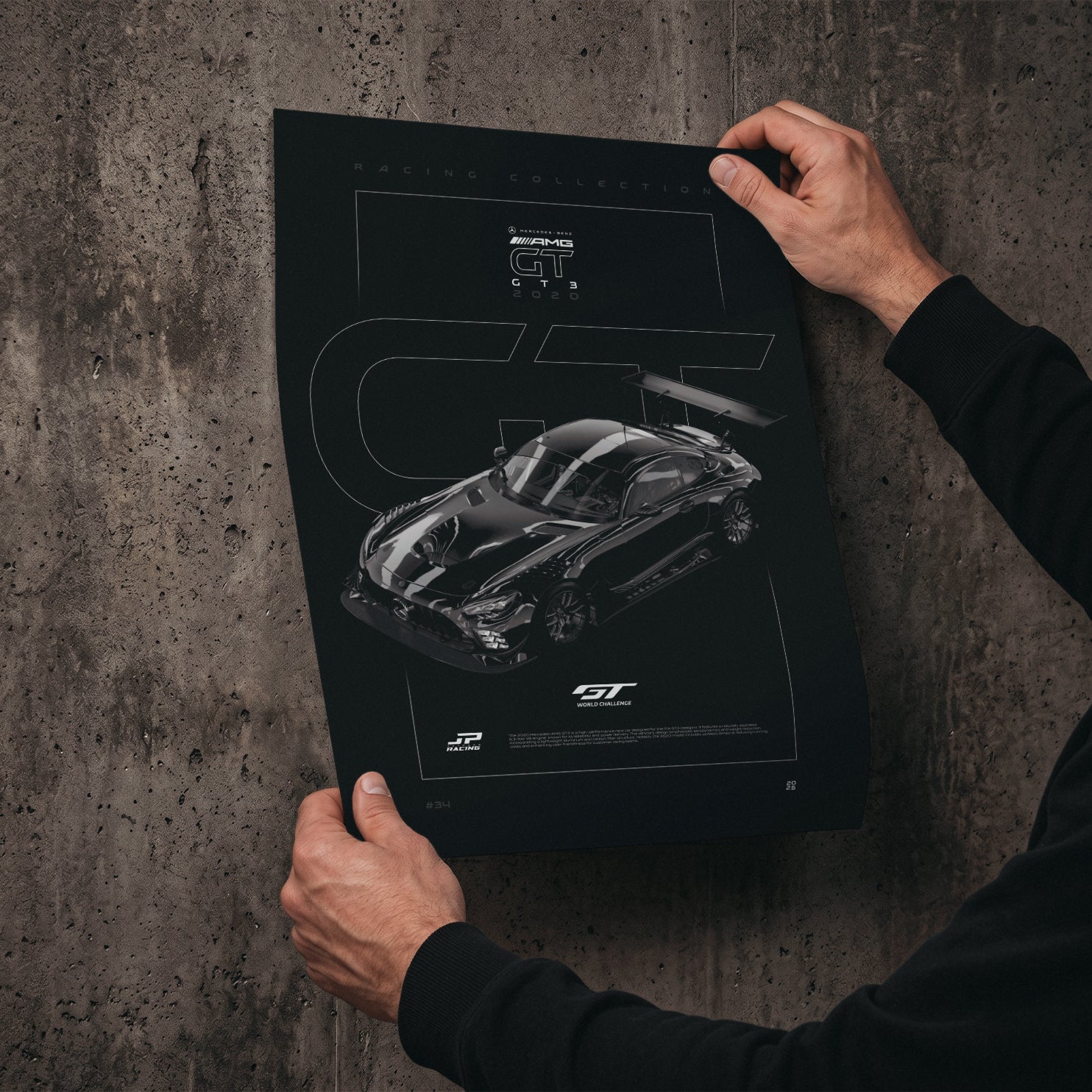 Mercedes-Benz AMG GT GT3 2020 poster print held in hands against a concrete wall