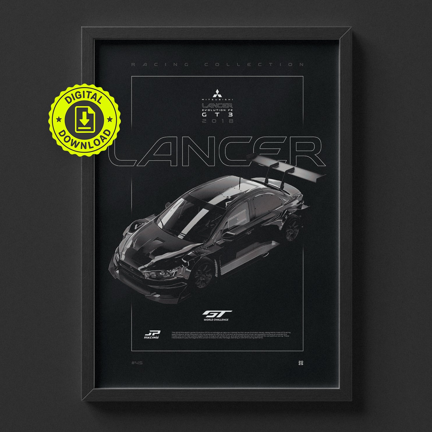 Mitsubishi Lancer Evolution FE GT3 2018 poster framed on a wall, digital download