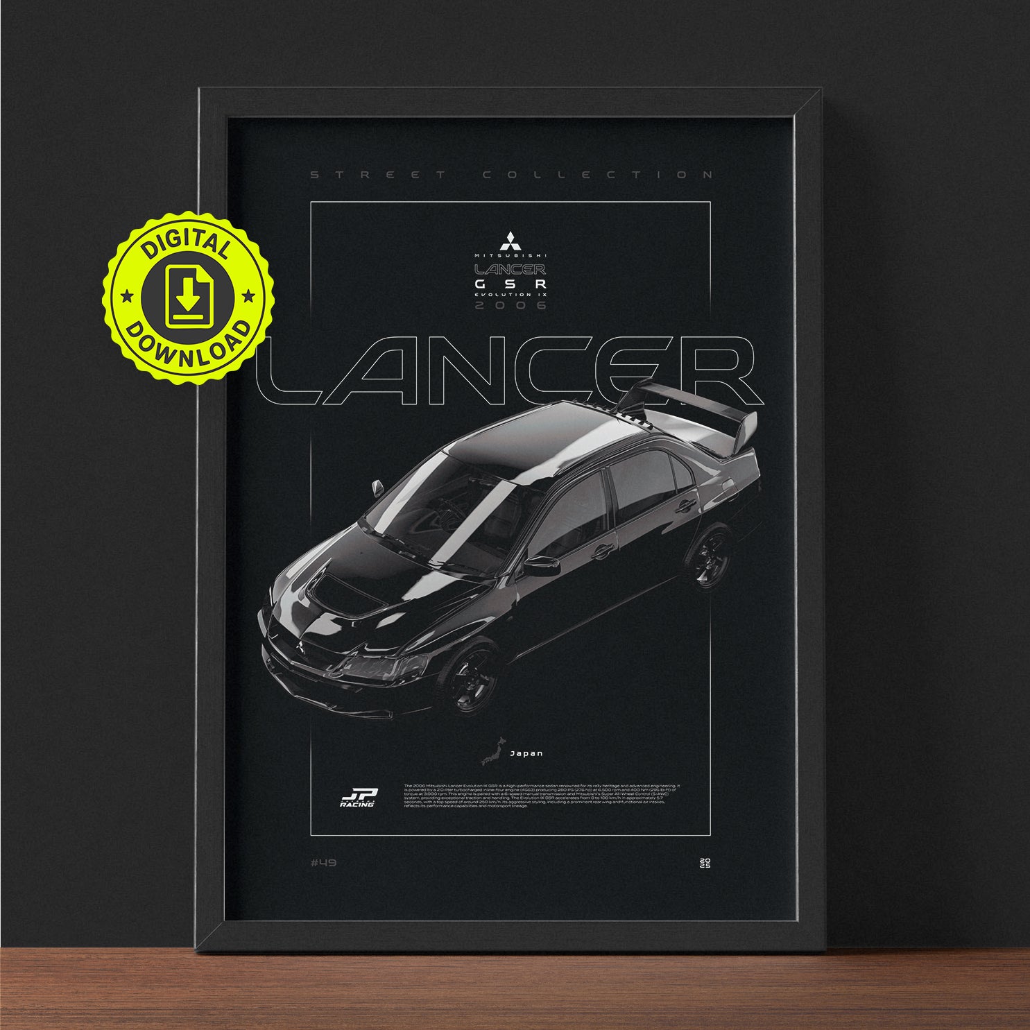 Mitsubishi Lancer Evolution IX GSR 2006 framed poster print wall display